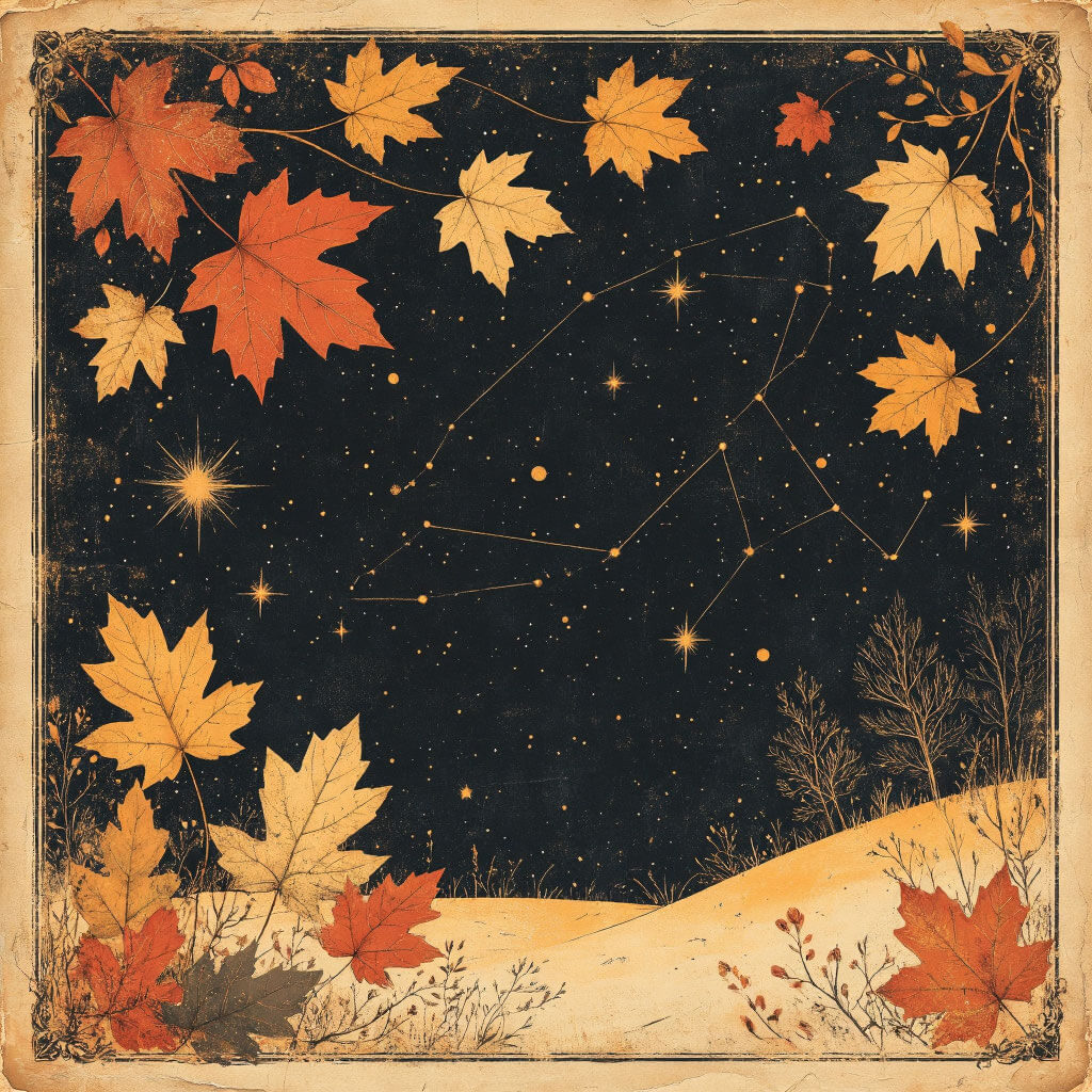 Vintage ilustrace podzimních a zimních souhvězdí s listnatými motivy a planetárními dráhami na textuře starého papíru, terakotové akcenty pro říjen až prosinec
