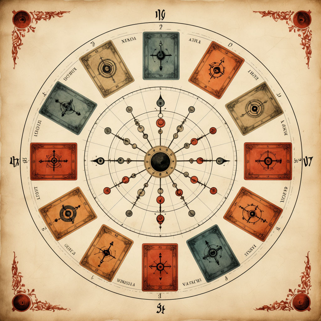 Vintage ilustrace analytického diagramu tarotových symbolů s kruhovým uspořádáním karet, historickými poznámkami a matematickými vzorci na textuře starého papíru s terakotovými detaily a teplými barvami